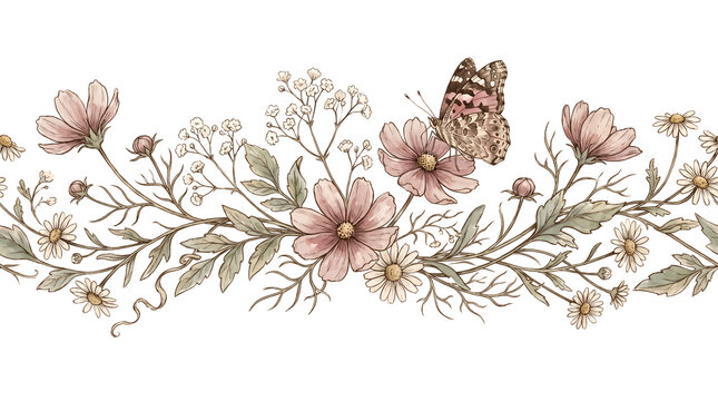 Elegant vintage floral border frame with watercolor wildflowers, pink blossoms, green foliage, and butterfly for romantic wedding invitation and botanical design.