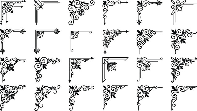 Vintage black decorative corner borders with organic swirls floral elements and frames.