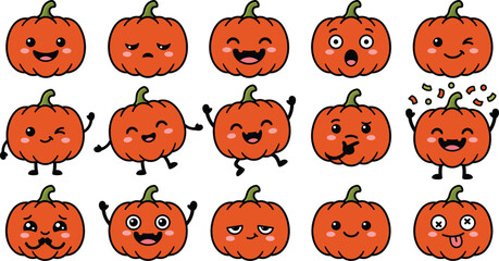Fototapeta premium Cute cartoon pumpkins with different emotions for Halloween decoration