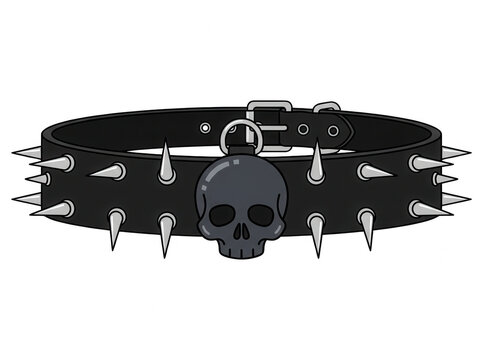 Czarna sk&oacute;rzana obroża z metalowymi kolcami i ozdobną zawieszką w kształcie czaszki, zaprojektowana w stylu punk rockowym na białym tle, idealna jako dodatek do mody alternatywnej.