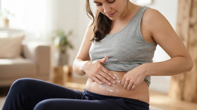 Pregnant woman applying moisturizer cream to belly with stretch mark. Prenatal skincare and maternity body care routine. Motherhood and expecting baby concept