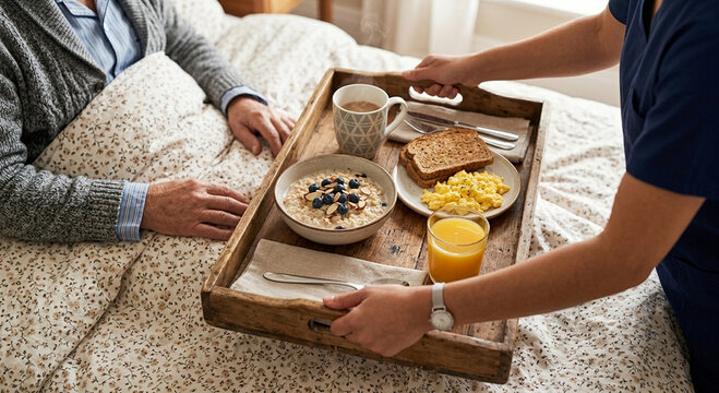 Caregiver Serving Breakfast To Senior In Bed
