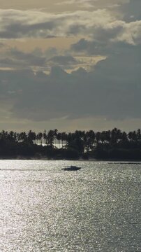 Vertical video. Speedboat Crossing a Sunlit Tropical Bay With Palm Trees on the Shore, Shimmering Water, Dramatic Clouds, Island Travel, Adventure and Coastal Lifestyle