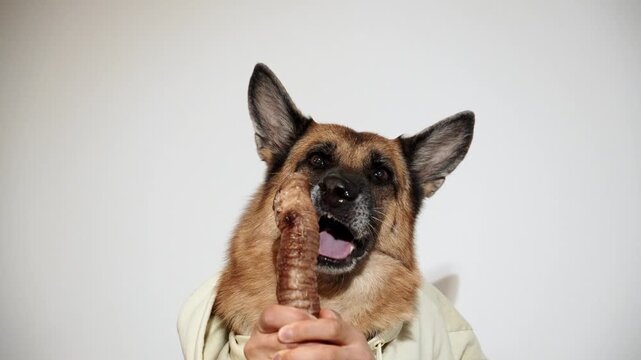 German Shepherd gnaws and licks a dried beef trachea held in human hands. Humorous pet chew footage for natural nutrition, dental care, product marketing and advertising
