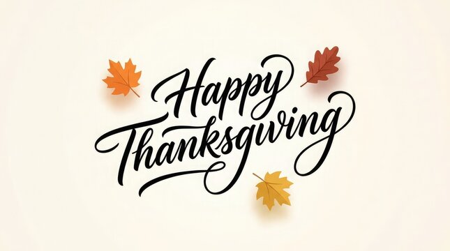 Elegant handwritten calligraphy text for thanksgiving day in canada celebration featuring decorative autumn fall leaves isolated on a simple light beige background