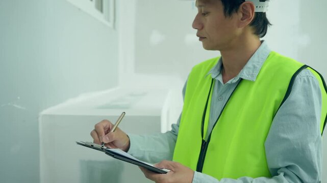 inspector or engineer is inspecting construction and quality assurance new house using a checklist. Engineers or architects or contactor work to build the house before handing it over to the homeowner