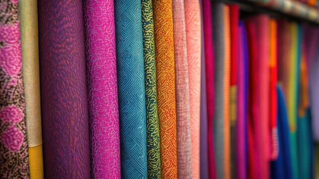 Close up of colorful fabric bolts with various patterns on display