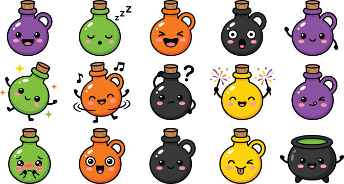 Halloween potion bottles and cauldron colorful cartoon vector illustrations