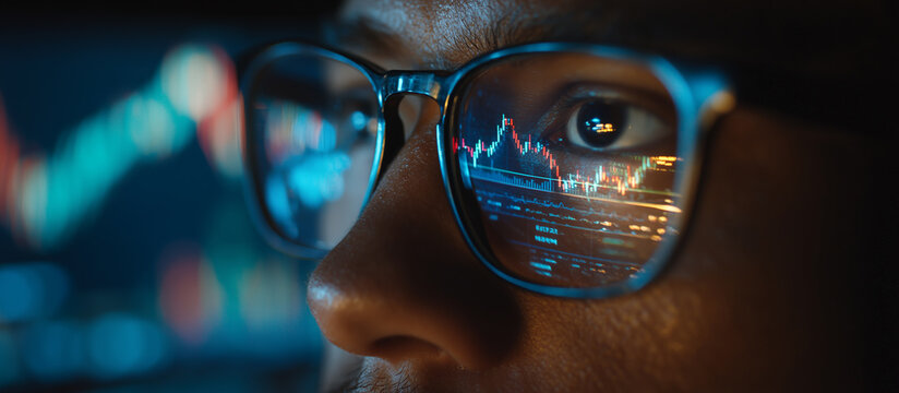 someone analyzing financial data on reflection in the glasses
