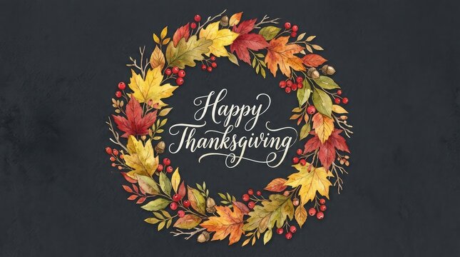 A festive autumn wreath made of colorful fall leaves surrounding a greeting for thanksgiving day in canada on a dark textured background