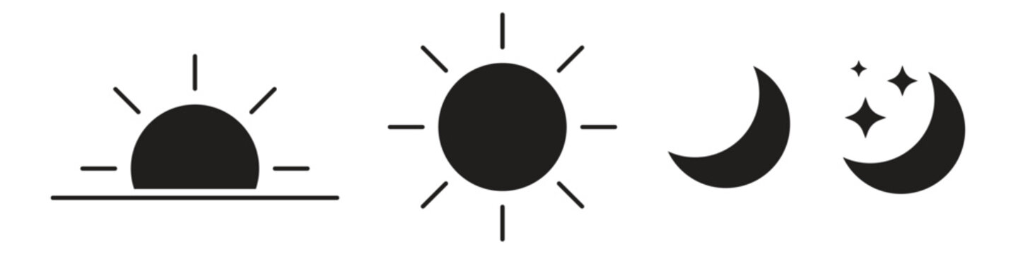 Sun Moon and Stars Day Night Cycle Representing Morning Day and Night Black Fill Vector Icon Set