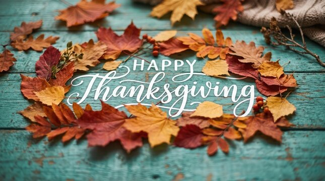 A beautiful rustic arrangement of colorful autumn leaves on a weathered wooden background celebrating the festive spirit of thanksgiving day in canada