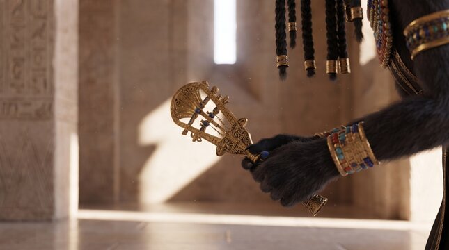 Close up of the goddess Bastet holding an ancient Egyptian golden sistrum in a temple
