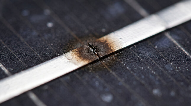 Silver solar cell contact finger actively darkening and oxidizing at a microcrack site, extreme macro photography of a real-time chemical transformation