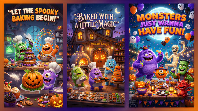 Set of three halloween themed posters featuring cute monsters baking and having fun during the night
