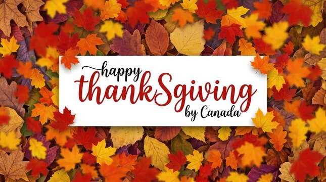 A festive greeting card for thanksgiving day in canada featuring colorful autumn leaves surrounding a white central space with elegant seasonal calligraphy text