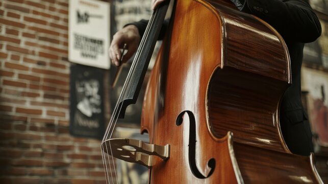 Upright mahogany bass being played by a musician in a performance