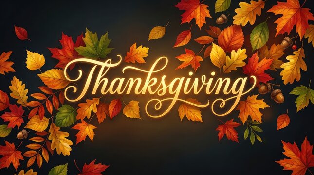 A beautiful festive background featuring colorful autumn leaves surrounding the word thanksgiving for celebrating the special holiday of thanksgiving day in canada today