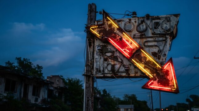 Rusty vintage neon arrow sign glowing at night near abandoned motel. Retro Americana roadside decay and nostalgia concept with desert highway background