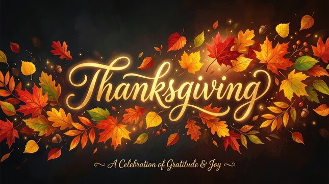 Beautiful festive background featuring vibrant autumn leaves and elegant calligraphy celebrating the traditional spirit of thanksgiving day in canada during the fall season