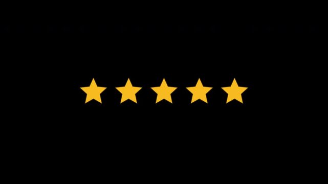 Gold five star rating animation on transparent background