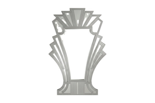 Eleganckie lustro ścienne w stylu art deco o geometrycznym kształcie z ozdobną ramą w kolorze srebrnym, wyizolowane na czystym białym tle do nowoczesnych wnętrz.
