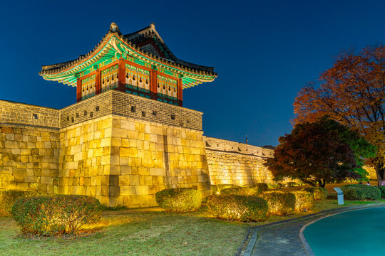 View of Bukporu (castle) illuminated at dusk in autumn, Paldal-gu, Suwon-si, Gyeonggi-do, South Korea