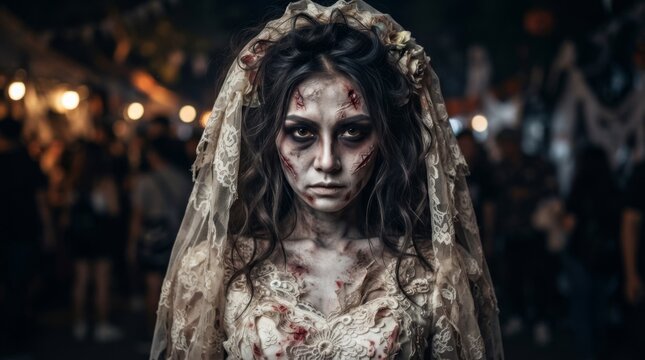 Asian woman in a zombie bride costume, wearing scary makeup and a veil, at a Halloween festival. A concept for celebrating the spooky holiday dressed as a ghostly bride.