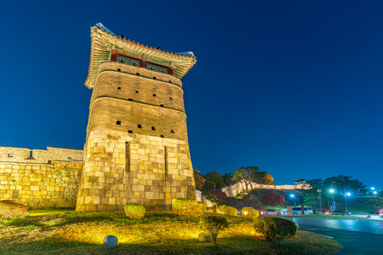 View of Seobukgongsimdon illuminated at dusk in autumn, Paldal-gu, Suwon-si, Gyeonggi-do, South Korea