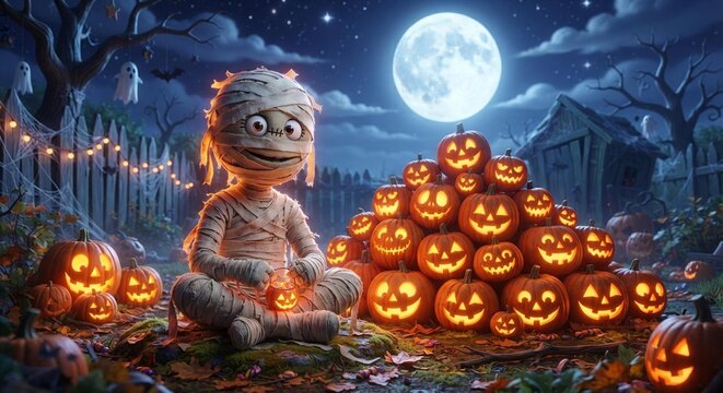 Cute mummy with glowing halloween pumpkins under full moon