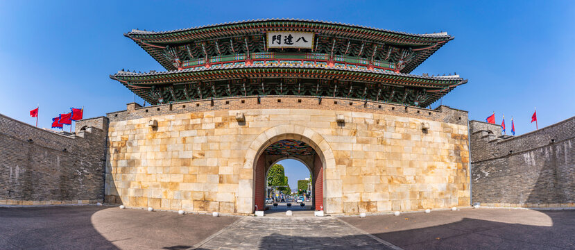 View of Paldalmun Gate on a sunny day in Suwon, Suwon-si, Gyeonggi-do, South Korea