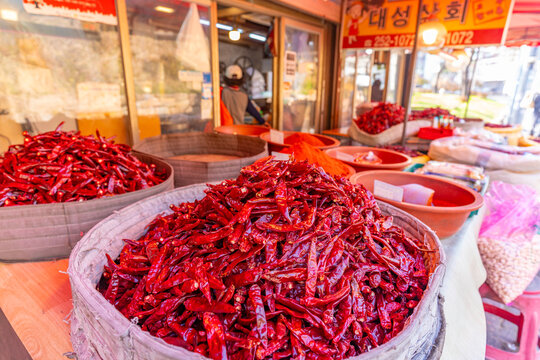 View of market stall near Dongnamgangnu Gate on a sunny day in Suwon, Suwon-si, Gyeonggi-do, South Korea