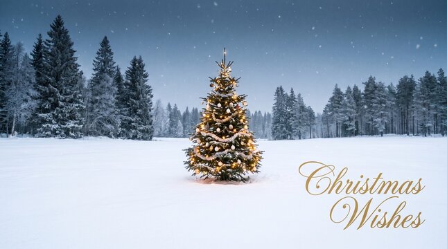 Illuminated Christmas tree in snowy winter landscape with Christmas Wishes text overlay.