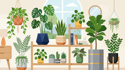 Fototapeta premium Cozy Home Interior Vector Illustration of Potted Houseplants and Monstera on Wooden Shelves