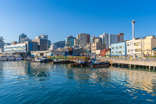 View of city skyline and Jagalchi Market on a sunny day, Jung-gu, Bupyeong-dong, Busan, South Korea