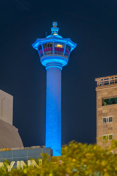 View of Busan Tower illuminated at night, Jung-gu, Bupyeong-dong, Busan, South Korea