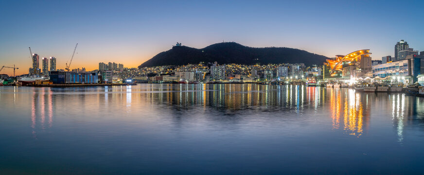 View of city skyline and Jagalchi Market at dusk, Jung-gu, Bupyeong-dong, Busan, South Korea