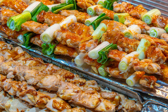 View of traditional South Korean food on market stall in Changseon-dong Food Alley (Changseon-dong Meogjja-golmok) Jung-gu, Bupyeong-dong, Busan, South Korea