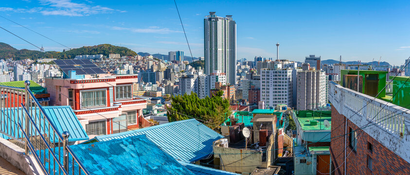 View of city landscape and colourful rooftops and houses of Nambumin-dong District on a sunny day, Seo-gu, Busan, South Korea