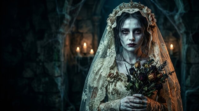 Woman in ghost bride costume with pale zombie makeup and torn veil in dark gothic castle. Halloween horror concept for spooky party and scary celebration