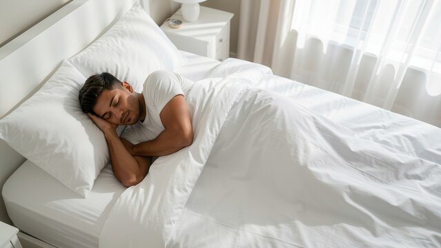 peaceful sleeping young man on white luxury bed bathed in soft morning light for lifestyle advertising concept