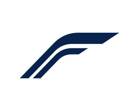 A minimalist abstract logo featuring two parallel dark blue curved lines on a clean white background, resembling a stylized letter F or a dynamic wing shape.