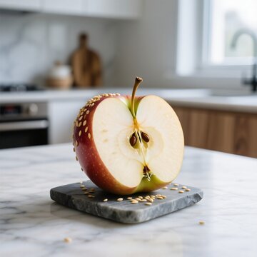 halved honeycrisp apple with sesame seeds