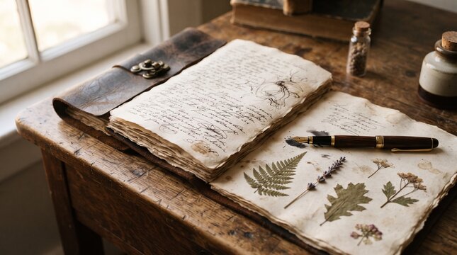 Vintage leather diary book on wooden desk with dried pressed leaves, old master fountain pen and natural desk accessories in rustic style