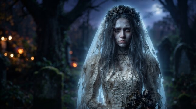 Woman ghost bride in vintage wedding dress and veil standing in dark cemetery at night. Halloween horror and spooky undead concept. Creepy fantasy portrait for holiday