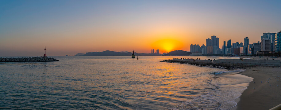 View of Haeundae beach at sunset, Haeundaehaebyeon, Haeundae, Busan, South Korea