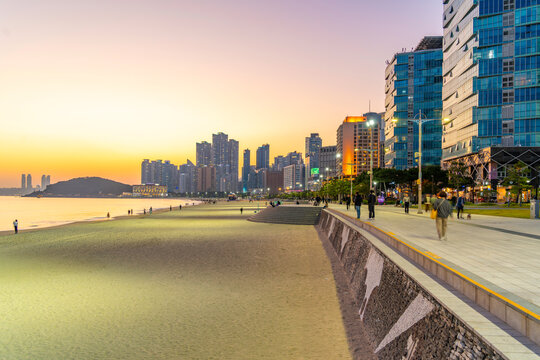 View of Haeundae beach at dusk, Haeundaehaebyeon, Haeundae, Busan, South Korea
