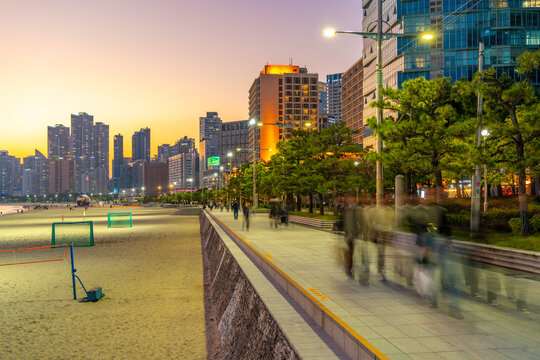 View of Haeundae beach at dusk, Haeundaehaebyeon, Haeundae, Busan, South Korea