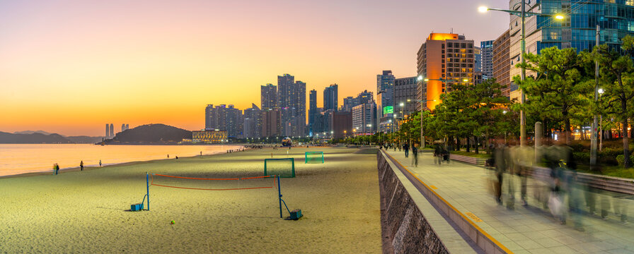 View of Haeundae beach at dusk, Haeundaehaebyeon, Haeundae, Busan, South Korea
