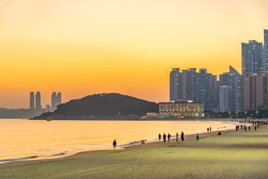 View of Haeundae beach at dusk, Haeundaehaebyeon, Haeundae, Busan, South Korea